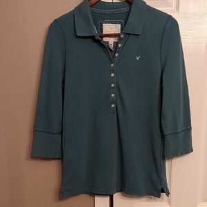 Y2K Women's Americans Eagle Outfitters Teal 3/4 Sleeve Button Down Polo Shirt